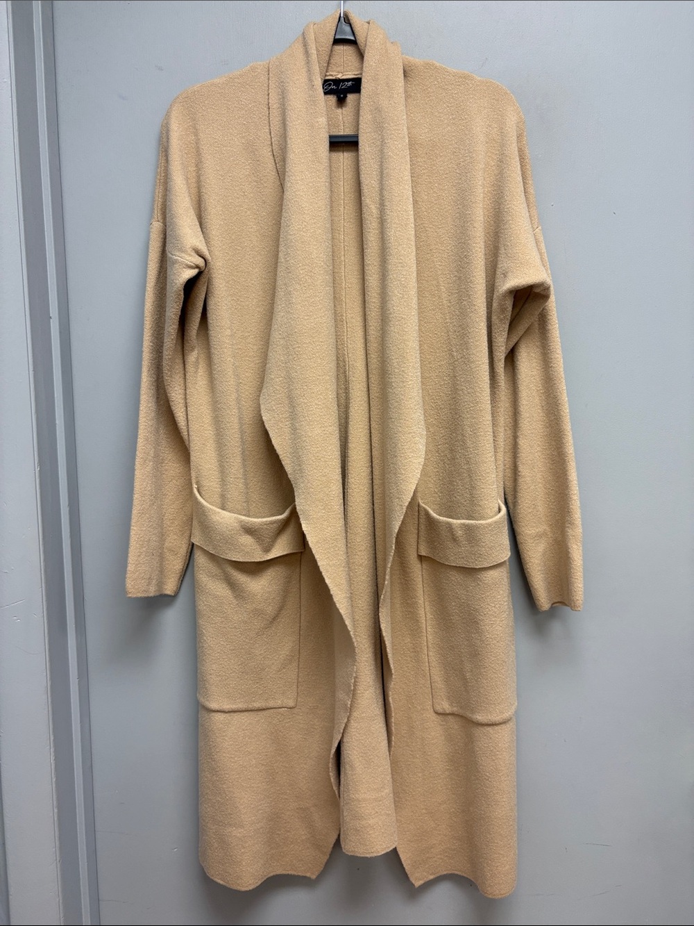 On 12th Beige Open Front Long Cardigan Duster Sweater Pockets Size S